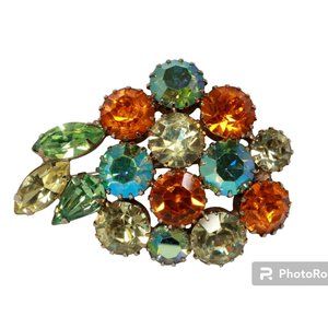 Vintage Karu Arke Brooch Green/Amber AB Aurora Borealis Rhinestone Prong Set Pin